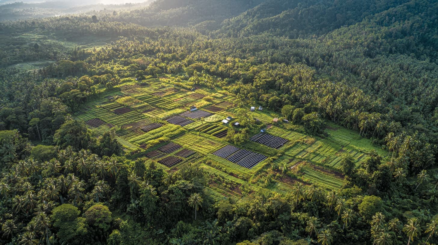A lush forest farm with a variety of trees and plants.