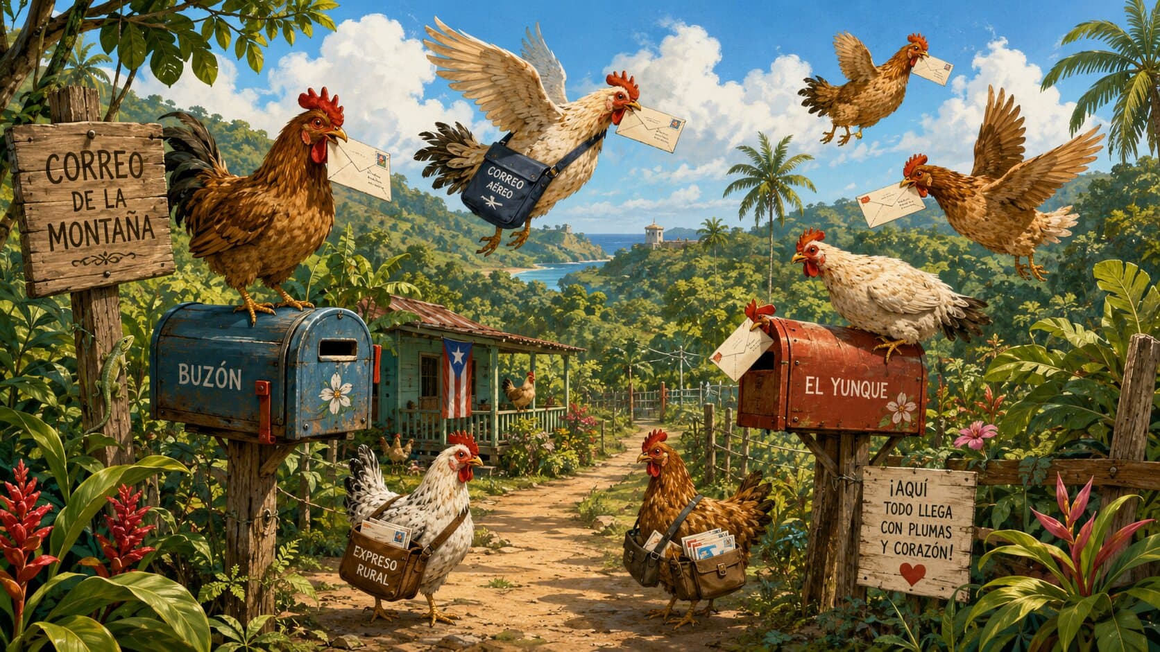 Ilustración de gallinas y correo de Freedom Farms