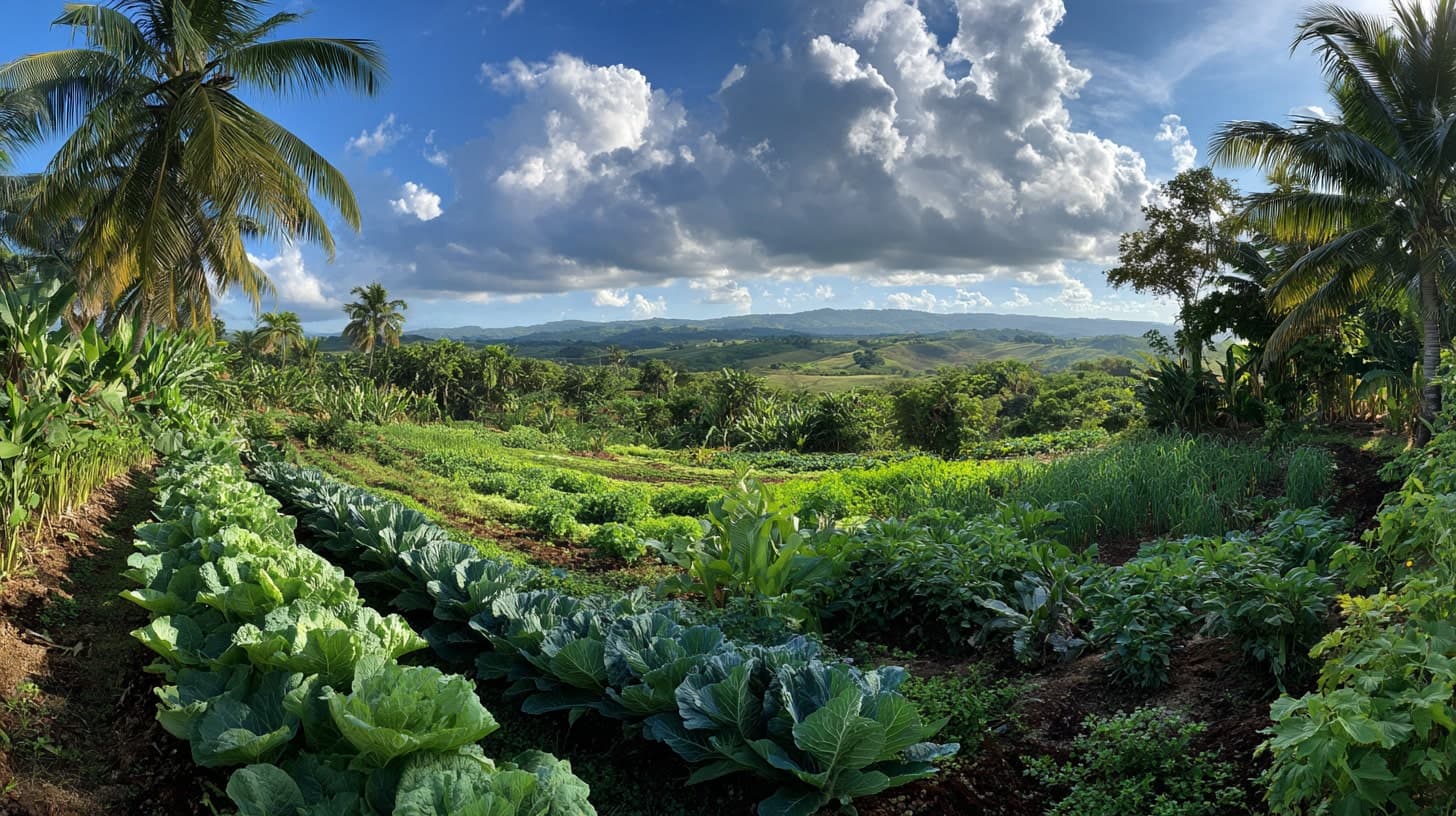 Garden beds and tropical farm landscape